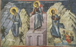 Искушения Христа в пустыне. Фреска афонского монастыря Дионисиат.